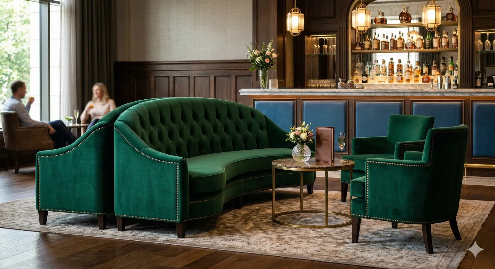 Green velvet seating in a commercial hospitality setting